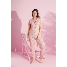 Medinenur Yıldız Desenli Viskon Örme Kısa Kol Düğmeli Pijama Takımı Pembe