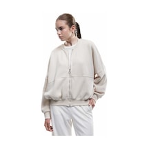 Koton Üç İplik Şardonlu Uzun Kollu Fermuarlı Bomber Yaka Sweatshirt Bej 6wal10126ık Ekru