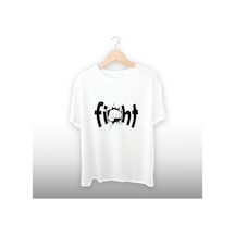 Fight Yazısı Detaylı Unisex Tişört Beyaz