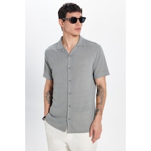 Tudors Erkek Slim Fit Dar Kesim Kısa Kollu Örme Doku Apaş Yaka Gri Gömlek-33040 Gri