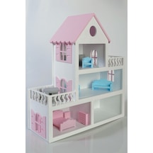 Boyalı Ahşap Barbie Bebek Evi Oyuncak 15 Adet Mobilya Hediyeli