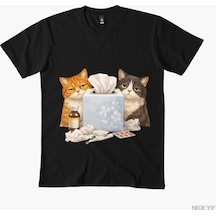 Flood Of Style Sick Day Cats Erkek Kadın Tişörtü %100 Pamuklu Tişörtler Kısa Kollu Üstler 0107-3 Siyah