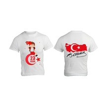 Alpşan Ticaret 23 Nisan Baskılı Unisex Çocuk/yetişkin Tişört Çift Taraflı Baskı Çocuk Bayramı T-shirt 39 Beyaz
