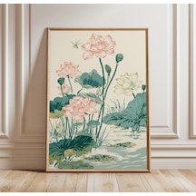 Lotus Göleti Sanat Baskısı Botanik Duvar Dekoru Asya Su Bahçesi İllüstrasyonu