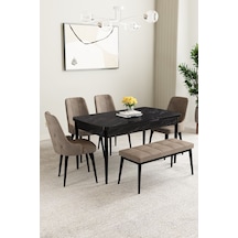 Mabel Siyah Mermer Desen 80x132 Açılabilir Yemek Odası Takımı 4 Sandalye, 1 Bench Cappucino
