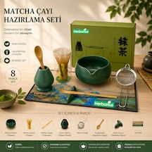 8 Parça Mat Zümrüt Yeşili Krem Tabanlı Renk Matcha Çayı Hazırlama Seti - Geleneksel Japon Matcha Seti