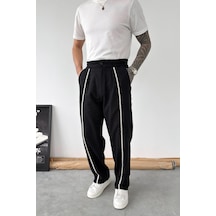 Siyah Hasır Detay Baggy Keten Pantolon Siyah