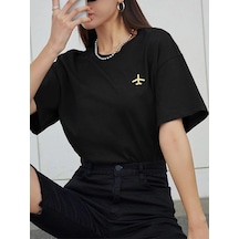 Startmore Kadın Siyah Airplane Baskılı Oversize T-shirt Siyah