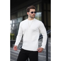 Beyaz Bisiklet Yaka Çizgili Uzun Kollu Kazak E7273 Beyaz