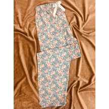 Çiçek Motifli Cepsiz Viskon Yazlık Kadın Pijama Altı Mavi