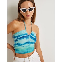 Koton Koton X Şahika Ercümen - Boyundan Bağlamalı Bluz Crop Batik Desenli Mavi Desenli 4sak10768ek