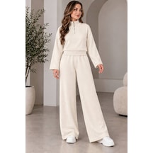 Aymiraa Kadın Triko İkili Takım Fermuarlı Sweatshirt Geniş Paça Pantolon Salaş Oversize Rahat Günlük Takım Krem Krem