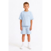 Monox Unisex 5-12 Yaş Petek Dokulu Oversize Yazlık Şort Tişört Takım Mavi