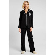 Benerly Kadın Gömlek Yaka Uzun Kol Panda Baskılı Büyük Beden Pijama Takım Siyah