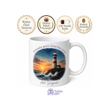 Deniz Feneri Temalı Baskılı Kupa Bardak Hediye Özel Tasarım Porselen Mug Beyaz / Çok Renkli