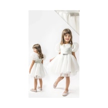 Nehirim Kids Tüllü Ve Saten Kız Çocuk Yazlık Beyaz Tütülü Doğum Günü Düğün Özel Gün Abiyesi 2-3-4-5 Yaş Beyaz