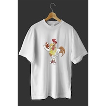 Noıssey -wed Horoz Tasarım Baskılı Oversize T-shirt Tişört Beyaz