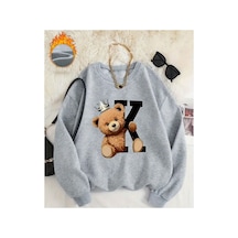 Herkesemoda Kral Ayıcık Baskı Desen Detaylı Bisiklet Yaka Sweatshirt Gri