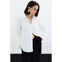 Sateen Düz Klasik Gömlek - Ekru-122325 Ekru