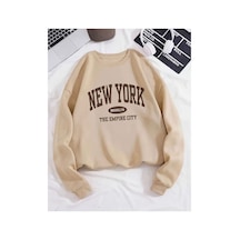 Herkesemoda New York Desen Detaylı Bisiklet Yaka İçi Polarlı Sweatshirt Bej