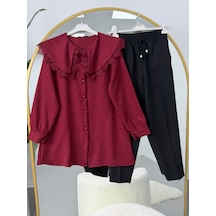 Lovie Moda Yakası Dantel Detaylı Pantolonlu Takım Bordo-siyah