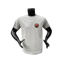 Türk Asker Bordo Bereli Ve Türk Bayrağı Savaşçı Baskılı %100 Pamuk Regular Fit Bisiklet Yaka T-shirt Gri
