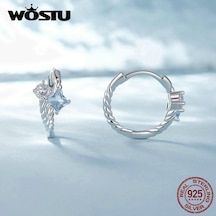 Wostu 925 Ayar Gümüş Narin Mavi Ve Beyaz Kübik Zirkonya Büküm Hoop Küpe Kadınlar İçin Takı Hediye