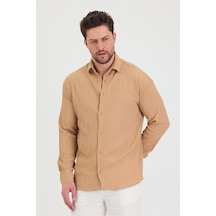Cool Tarz Erkek Kendinden Çizgi Detaylı Slim Fit Dar Kalıp Uzun Kol Gömlek Krem Krem