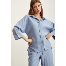 Never More Yarasa Kol Keten Gömlek Mavi