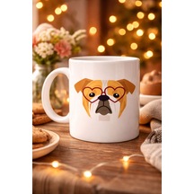Kalpli Gözlüklü İngiliz Bulldog Tasarımlı Porselen Kupa Model 52 Sevimli Köpek Desenli Kahve & Çay