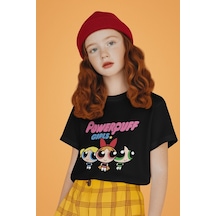 Sevbano The Power Puff Girls Baskılı Unisex Çizgi Film Çocuk Tişört 1-12 Siyah