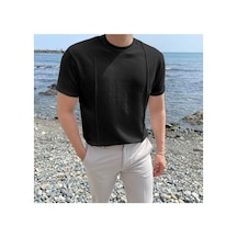 Cool Tarz Siyah Erkek Yuvarlak Yaka 2 Çizgili Örme T-shirt Siyah Siyah