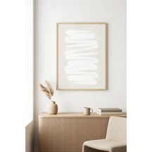 Doğal Ahşap Çerçeveli Minimal Beyaz Fırça Desenli Tablo - Pastel Huhu1069