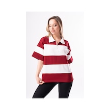 Kadın Polo Yaka Çizgili Oversize T-shirt 001