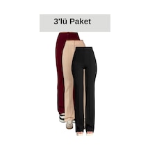 Thiff Gymwear Krep Kumaş Likralı Kadın Palazzo Pantolon 3'lü Set Bordo-bej-siyah