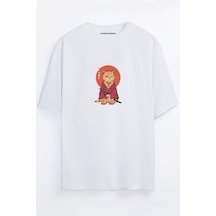 Anime Samuray Kedi Baskılı Unisex Siyah - Beyaz Oversize T-shirt Beyaz