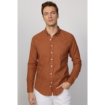 Tudors Slim Fit Uzun Kol Biyeli Yaka Düğmeli Keten Kiremit Erkek Gömlek-28748-kiremit Kiremit