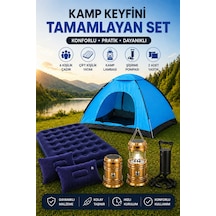6 Kişilik Kamp Çadırı Çift Kişilik Yatak Kamp Lambası Kamp Seti Mavi