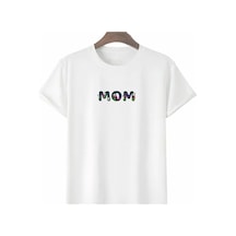 Anneler Günü Hediye Mom Çiçek Baskılı Oversize Bisiklet Yaka T-shirt - Beyaz
