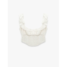 Koton Koton X Sibil Çetinkaya - Fırfır Detaylı Kolsuz Dantel Crop Korse Büstiyer Ekru 6sak10099uk