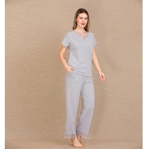 Ang Butik Kadın Viskon Şık Tasarım Dantel İşlemeli Gri Kısa Kol Pijama Takımı
