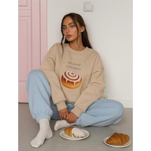 Benroma 3 İplik Penye Pasta Baskılı Unisex Sweatshırt Bej