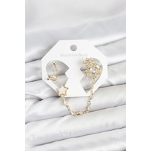 Pirinç Gold Renk Yıldız Model Zincir Bağlantılı Ear Cuff Küpe Seti Çok Renkli