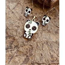Şaşkın Panda Mineli Altın Renk Çelik Çocuk Küpe Kolye Set