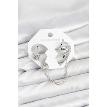 Pirinç Gümüş Renk Yılan Model Zincir Bağlantılı Ear Cuff Küpe Seti Çok Renkli Çok Renkli
