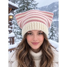 Nova Design Krem-pembe Çizgili Yün Kedi Kulaklı Cat Beany Kadın Bere