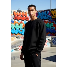 Benerly Erkek Bisiklet Yaka Reglan Kol Oversize Kalıp Sweatshirt Fonksiyo siyah