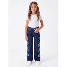 Onloox Kız Çocuk Koyu Mavi Kız Çocuk Koyu Mavi Pamuklu Geniş Paça Regular Taşlı Yıldız Baskılı Denim Jean Pantolon 5-9 Yaş