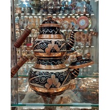 Bakır Çaydanlık El Işlemesi Çiçek Desenli Siyah Renk İşlemeli