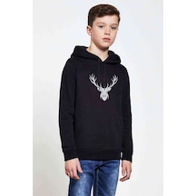 Tshirthane Silhouette Deer Baskılı Unisex Çocuk Kapüşonlu Siyah Sweatshirt Siyah